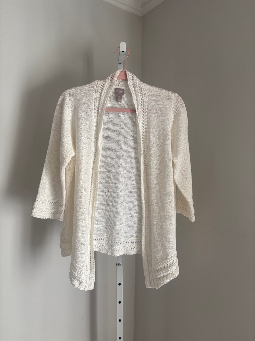 Chico's Cream Open Knit Crochet-Trim Open Front Cardigan Women’s Size 2 / Large